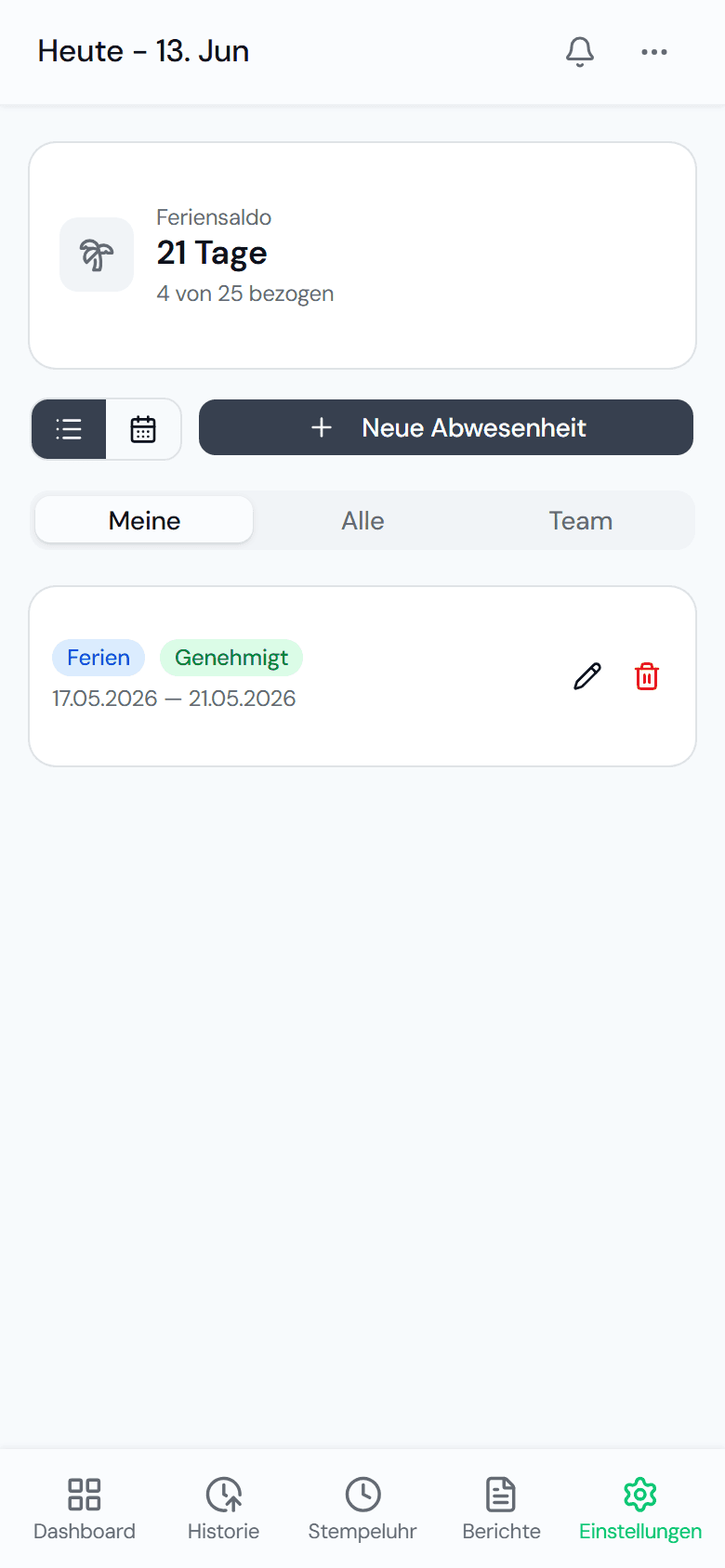 Abwesenheits-Verwaltung der Stempli-App mit Feriensaldo